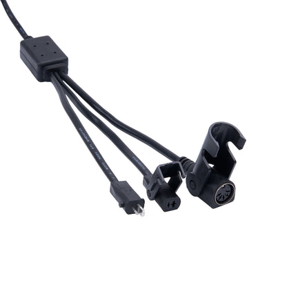 Black cable with various connectors on a white background
