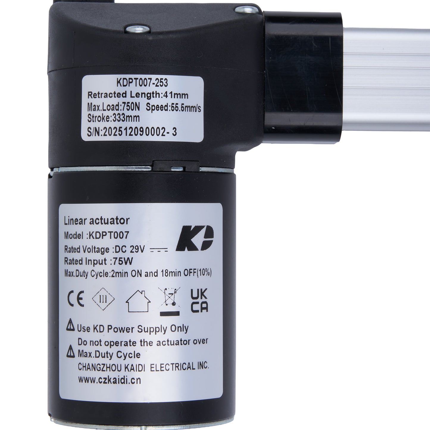 Linear actuator with specifications label on a white background