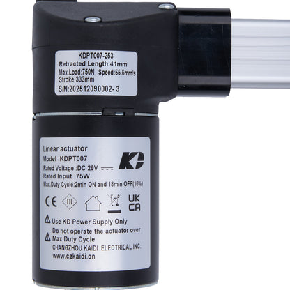 Linear actuator with specifications label on a white background