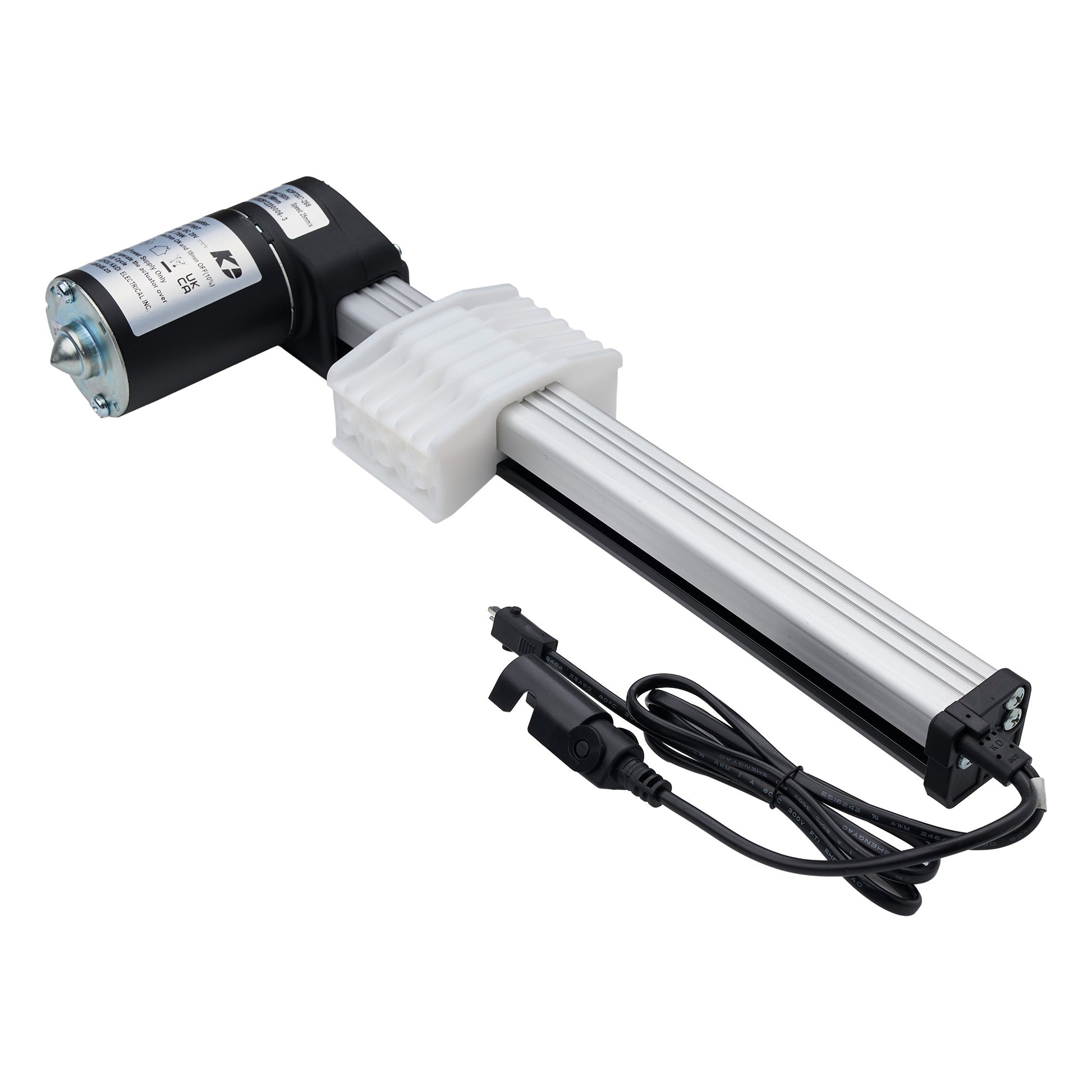 A linear motor slide rail assembly with a black motor, white plastic protective sleeve, silver aluminum rail, and a black power cable, shown on a plain white background.