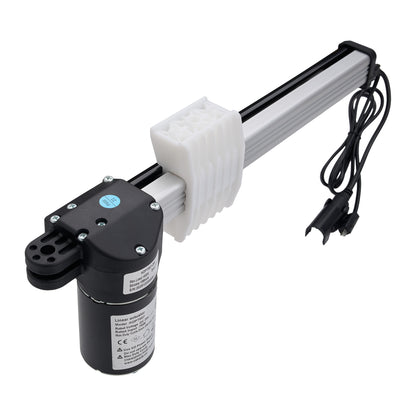 A linear electric motor drive assembly with a black cylindrical motor, white plastic mounting bracket, and a long silver aluminum rail, shown on a white background.