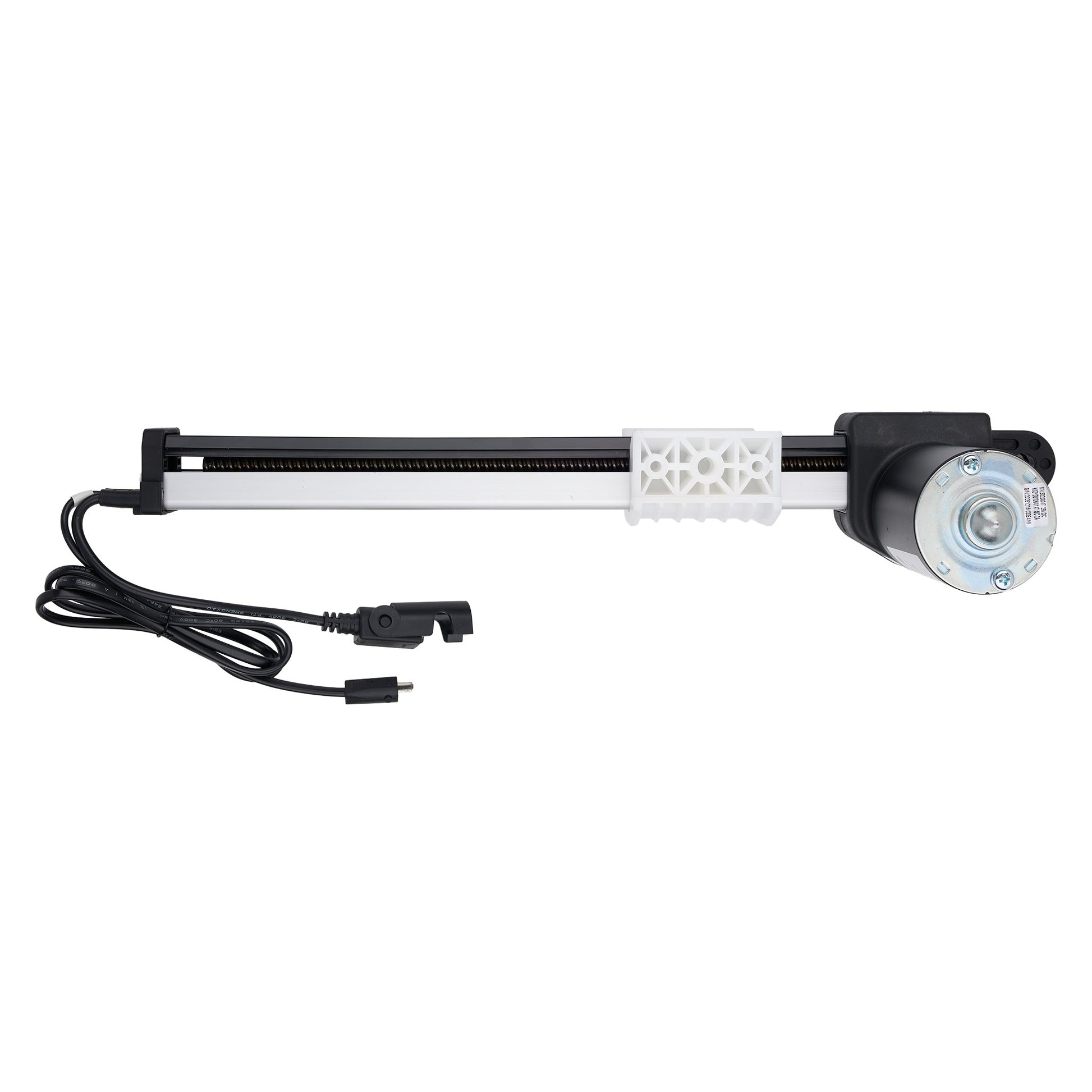 A linear motion guide rail assembly with a black rail, white textured plastic spacer, and a black motor mount with a silver circular end cap, shown with its attached black power cable on a plain white background.