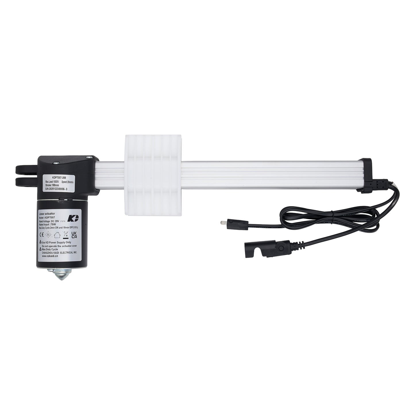 A linear electric slide rail assembly with a black motor unit, white rails, and a black power cord, shown against a plain white background.