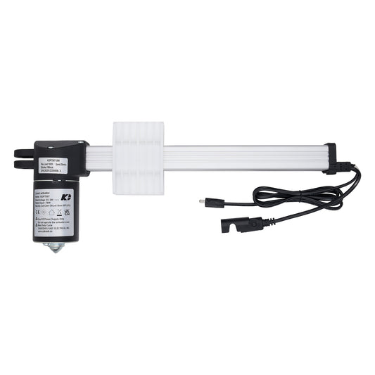 A linear electric slide rail assembly with a black motor unit, white rails, and a black power cord, shown against a plain white background.