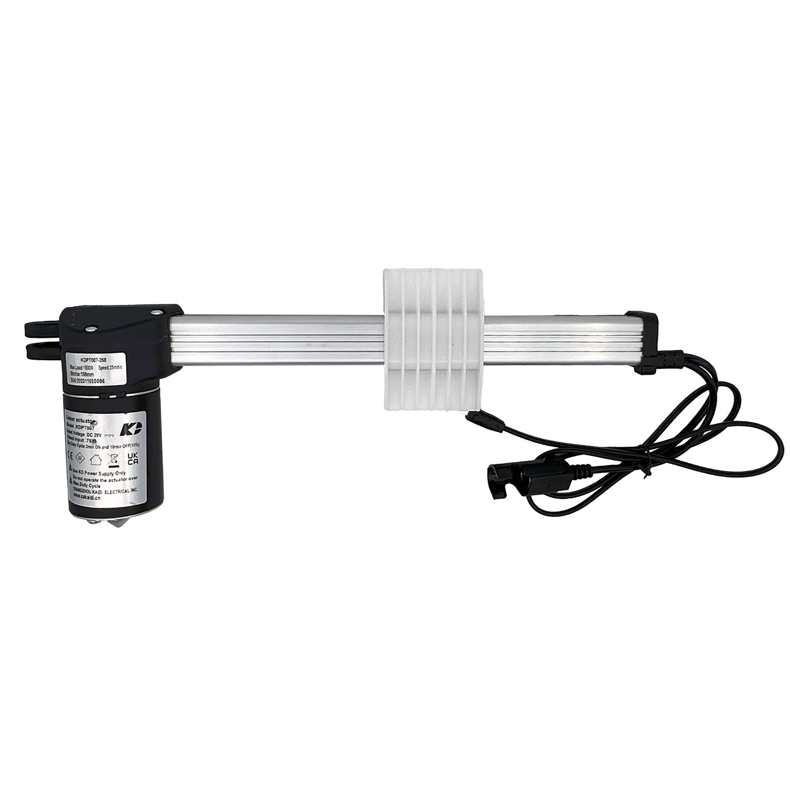 A KAIDI KDPT007-258 linear actuator, with a black motor housing and a silver shaft, designed for use in recliner or lift chairs.