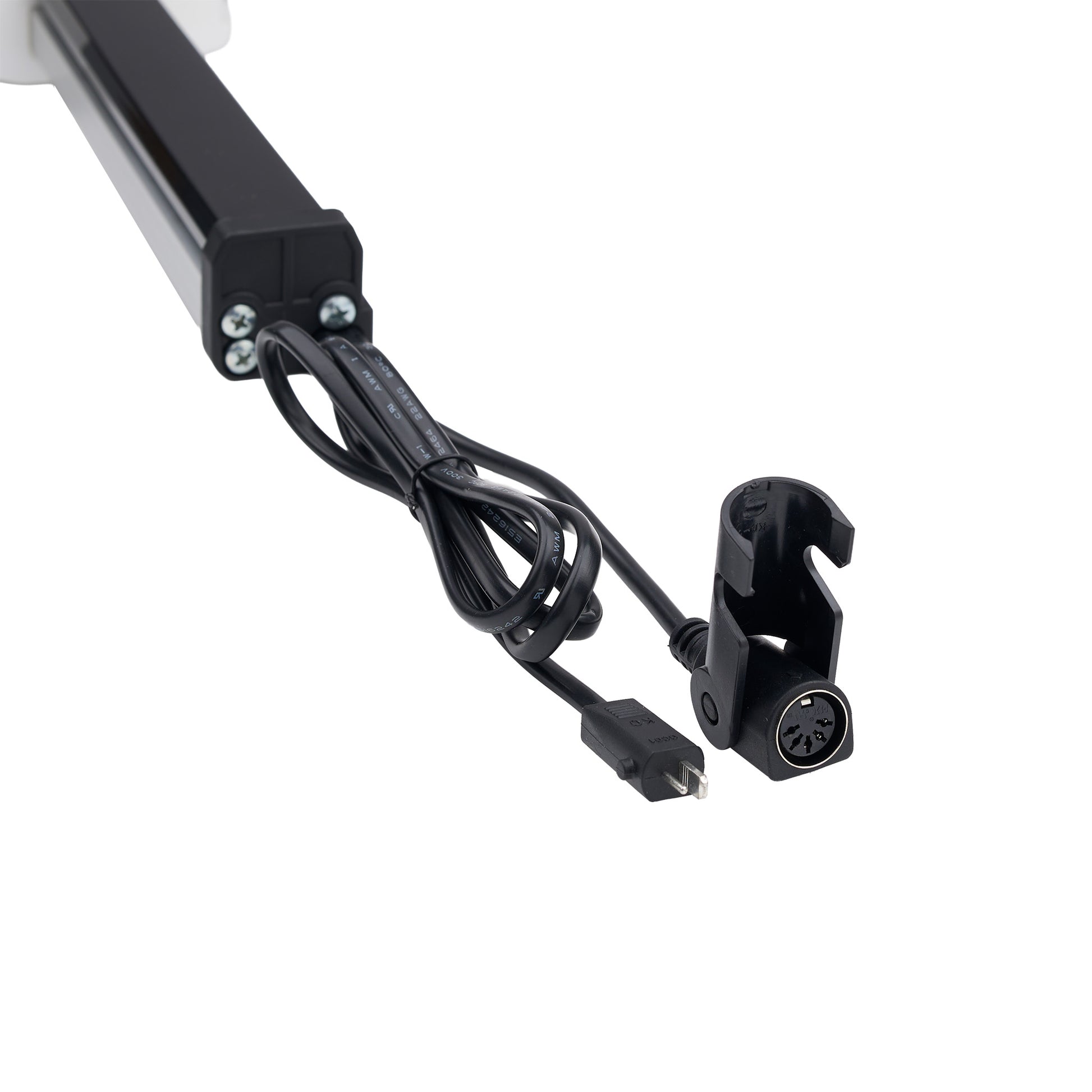 Black electronic control module with attached power cable and connector, shown on a plain white background.