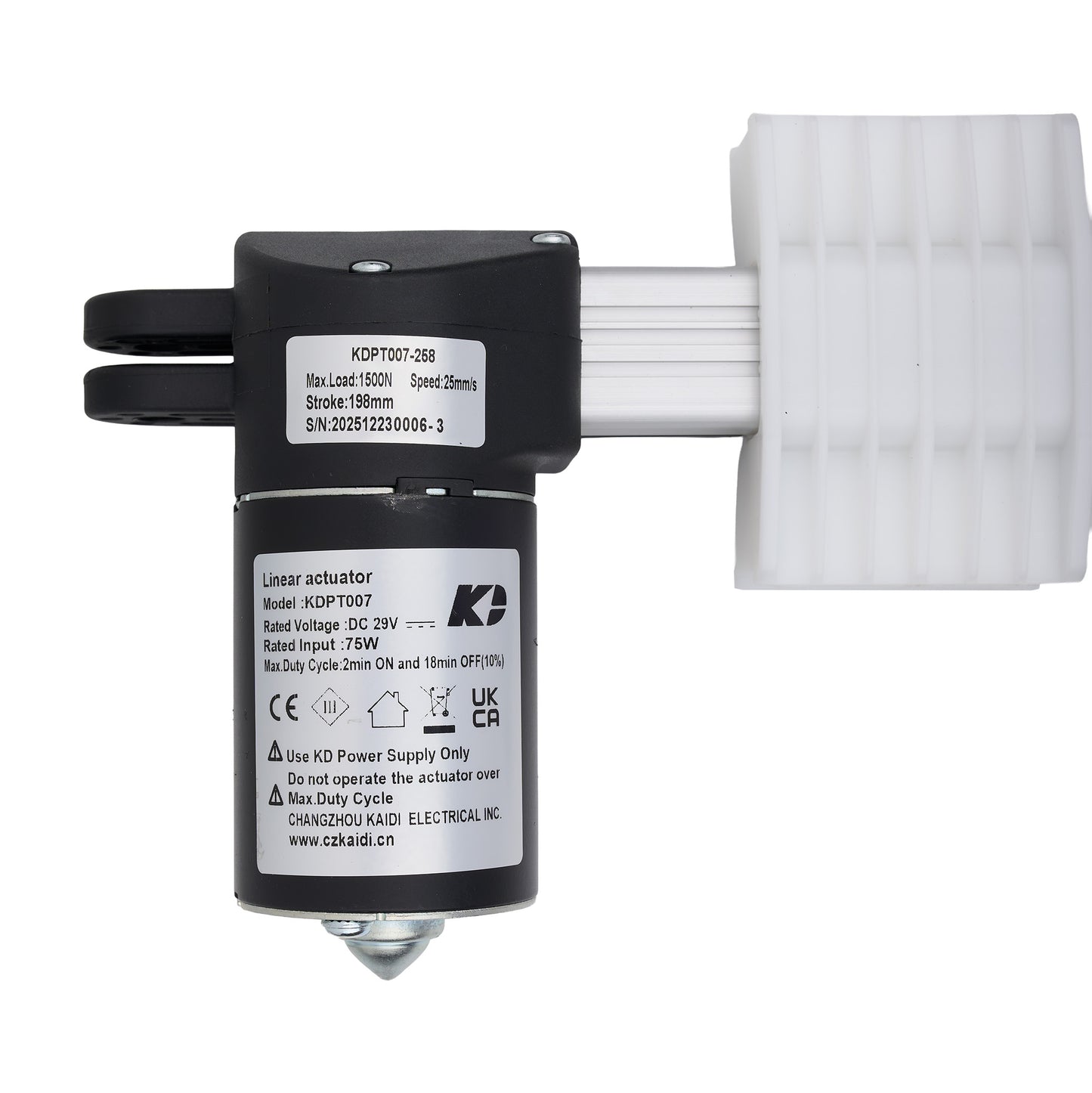 A linear actuator motor with a black cylindrical body, black top housing, white ribbed output shaft, and a silver metal tip, shown on a plain white background. The labels show the brand KAIJI and model KDP-T007.