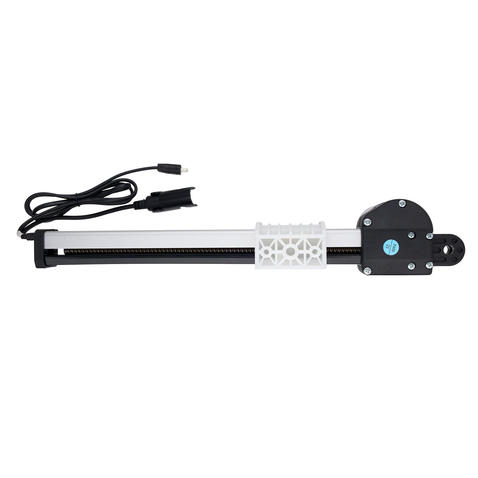 An electronic linear slide rail assembly with a black motor housing, a white plastic guide, and a black power cable, shown against a plain white background.
