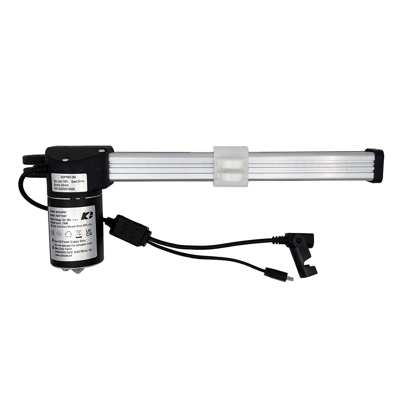 A black linear actuator for a recliner chair, showing the motor unit, shaft, and cables.
