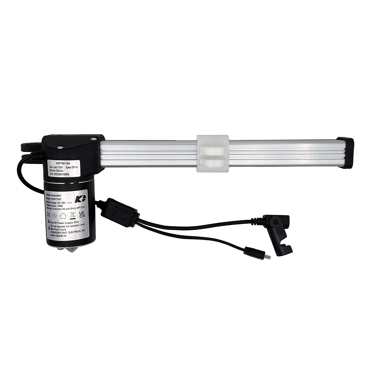 A black linear actuator for a recliner chair, showing the motor unit, shaft, and cables.
