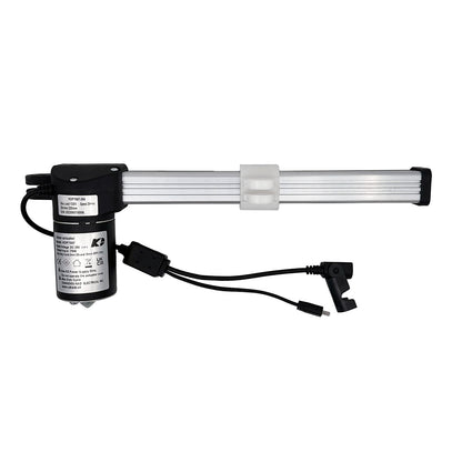 A black linear actuator for a recliner chair, showing the motor unit, shaft, and cables.