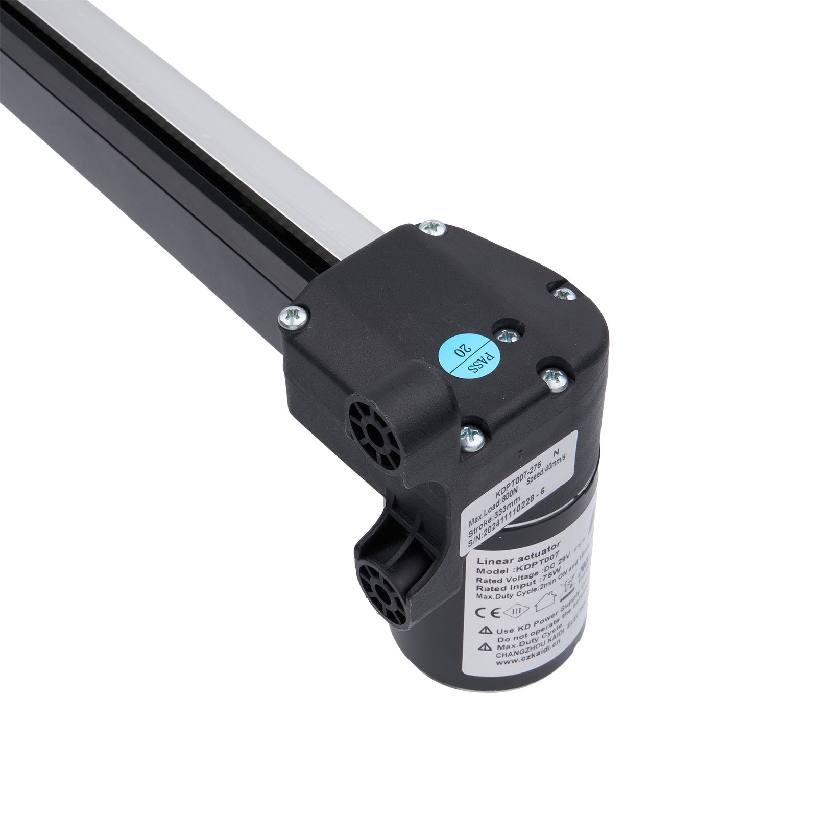 Black linear actuator with visible branding on a white background