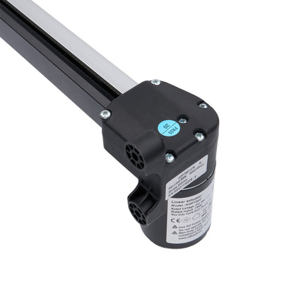 Black linear actuator with visible branding on a white background