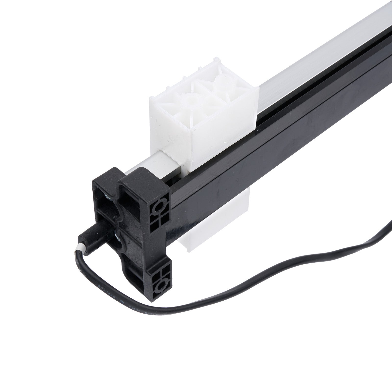 Black electronic component with a white square filter on a white background