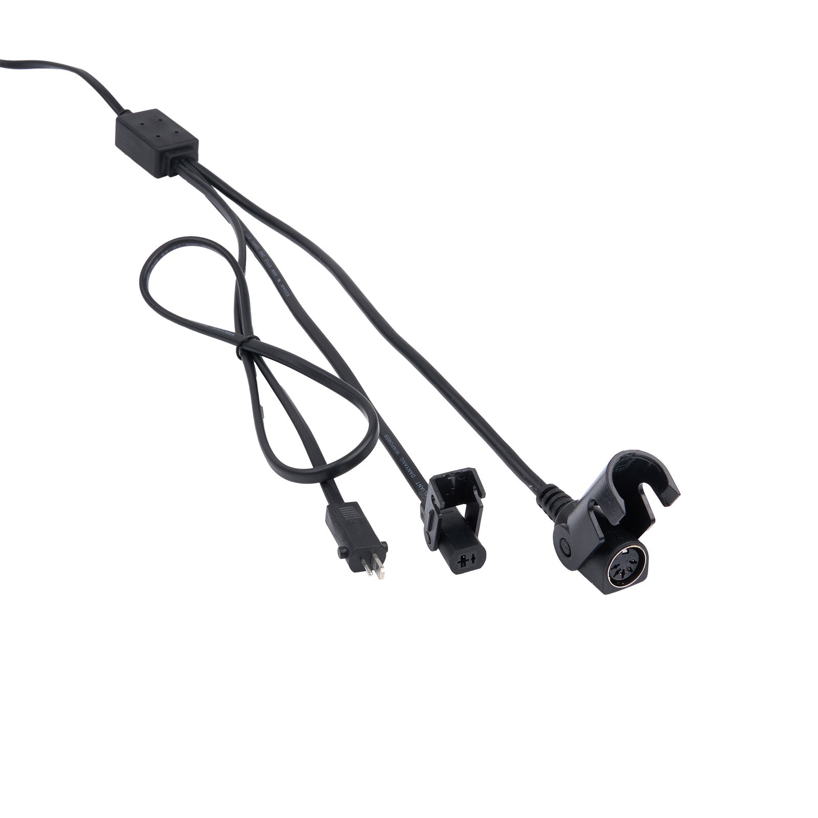 Black audio cable with connectors on a white background