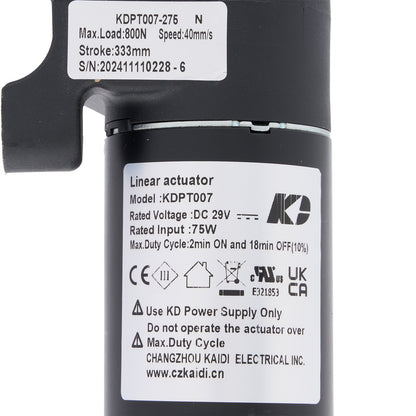 Black linear actuator with technical specifications label on a white background