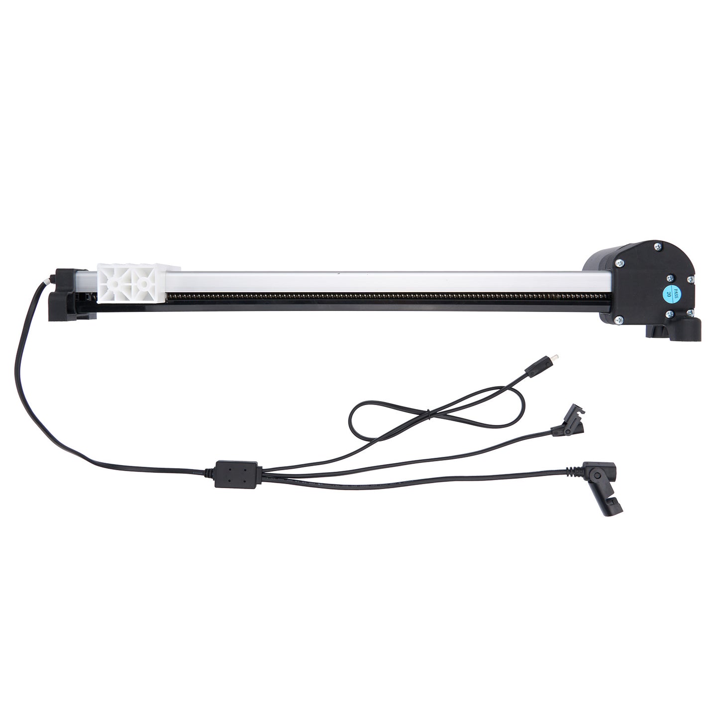 Long rectangular light fixture with cables on a white background