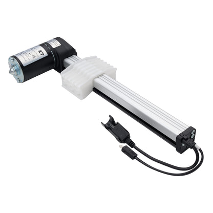 A linear motor slide rail assembly with a black stepper motor, a white plastic protective sleeve, a long silver aluminum rail, and an attached black power cable, shown on a plain white background.