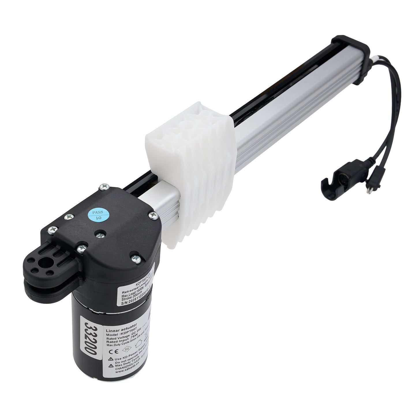 A linear electric actuator motor with a black cylindrical body, black housing, white plastic protective sleeve, and a silver metal rod, shown on a white background.