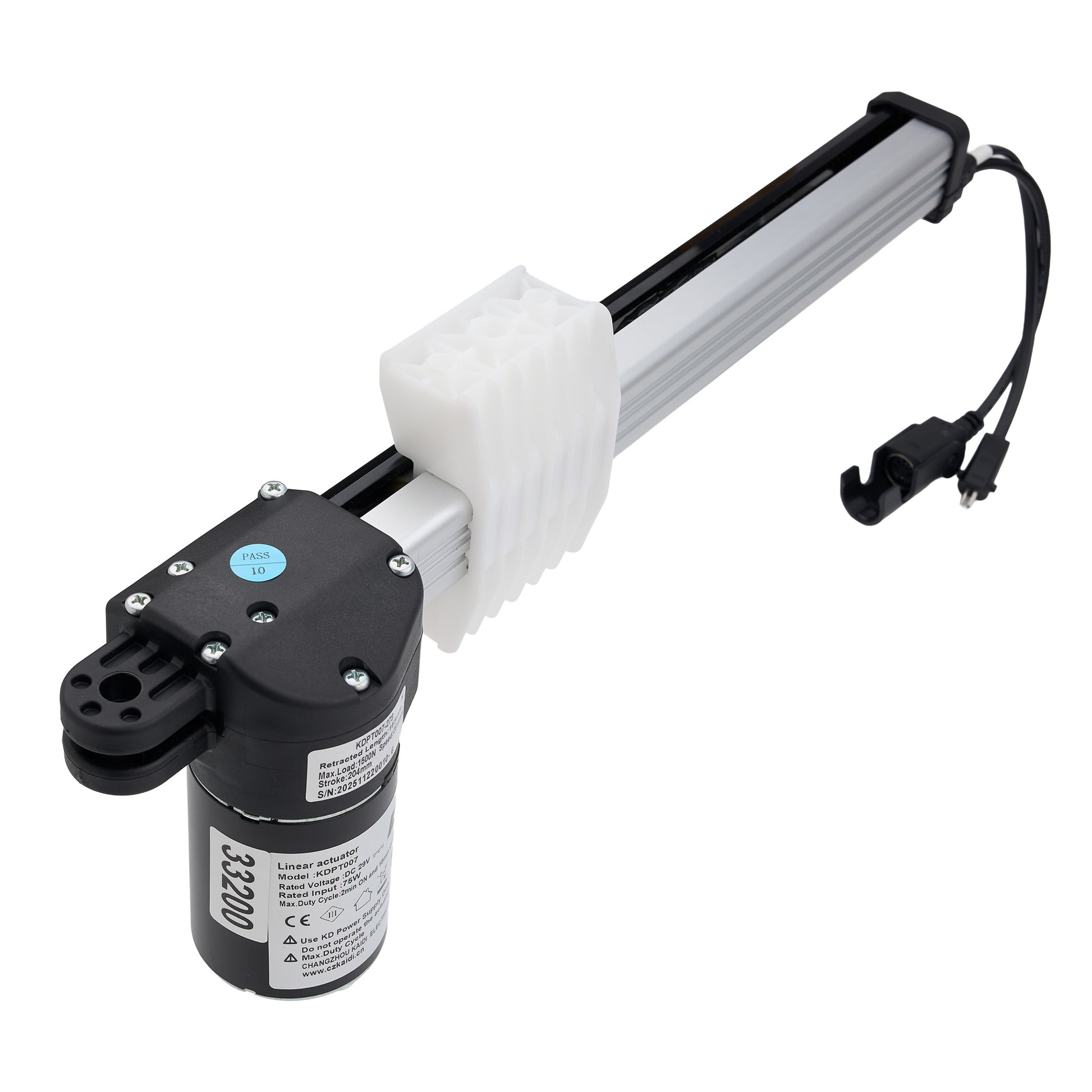 A linear electric actuator motor with a black cylindrical body, black housing, white plastic protective sleeve, and a silver metal rod, shown on a white background.