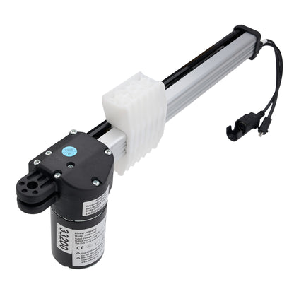 A linear electric actuator motor with a black cylindrical body, black housing, white plastic protective sleeve, and a silver metal rod, shown on a white background.