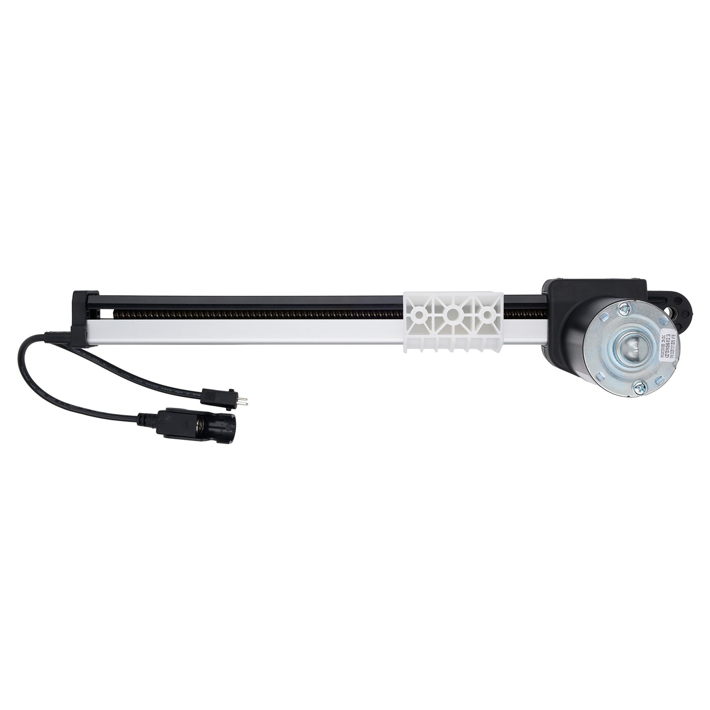 A linear motor slide rail assembly with a black and silver metal rail system, a white plastic connector section, and a black rotary motor housing with a silver terminal cover, shown on a plain white background.