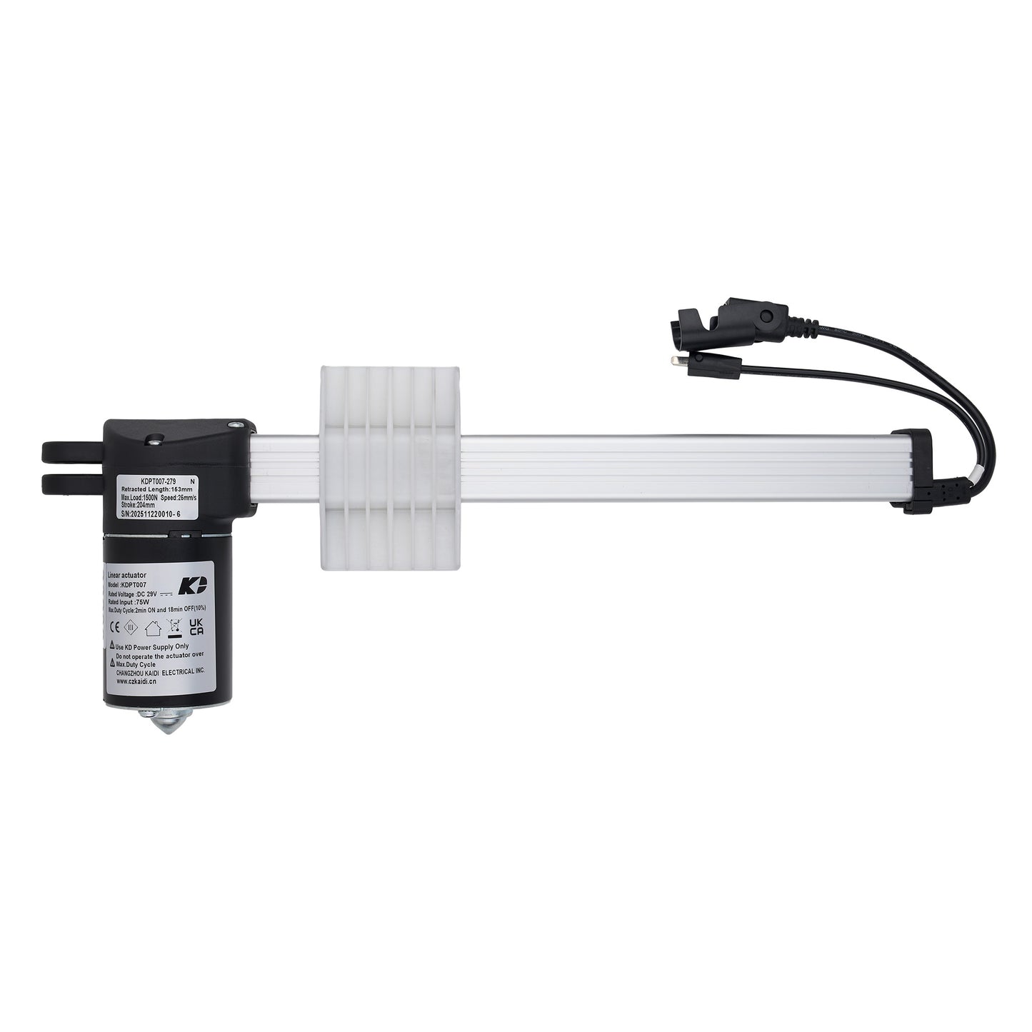 A K&H linear slide rail assembly with a black motor, a white ribbed rail, and a black power cable connector, shown against a plain white background.