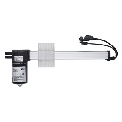 A K&H linear slide rail assembly with a black motor, a white ribbed rail, and a black power cable connector, shown against a plain white background.