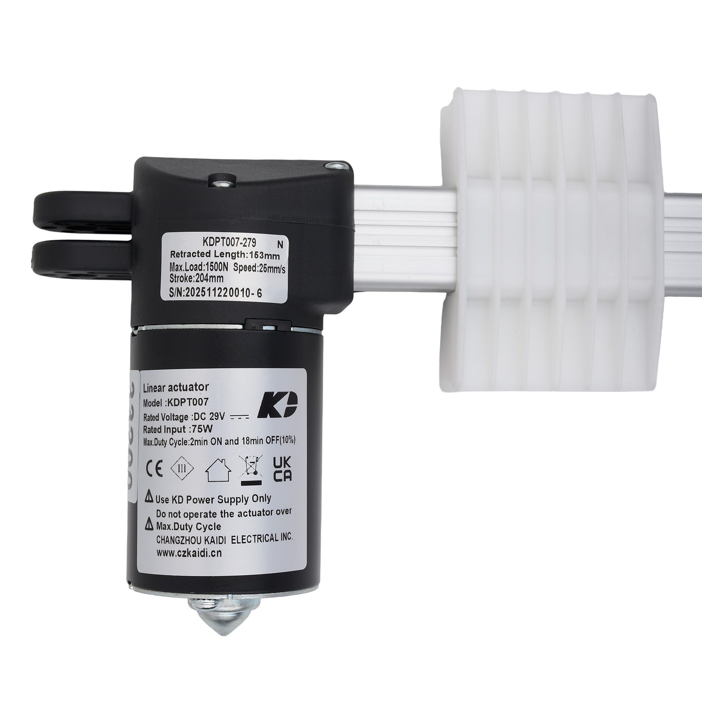 A K2 linear actuator model KDP7007-279 with a black motor housing, white plastic rod, and silver metal end cap, shown on a white background.