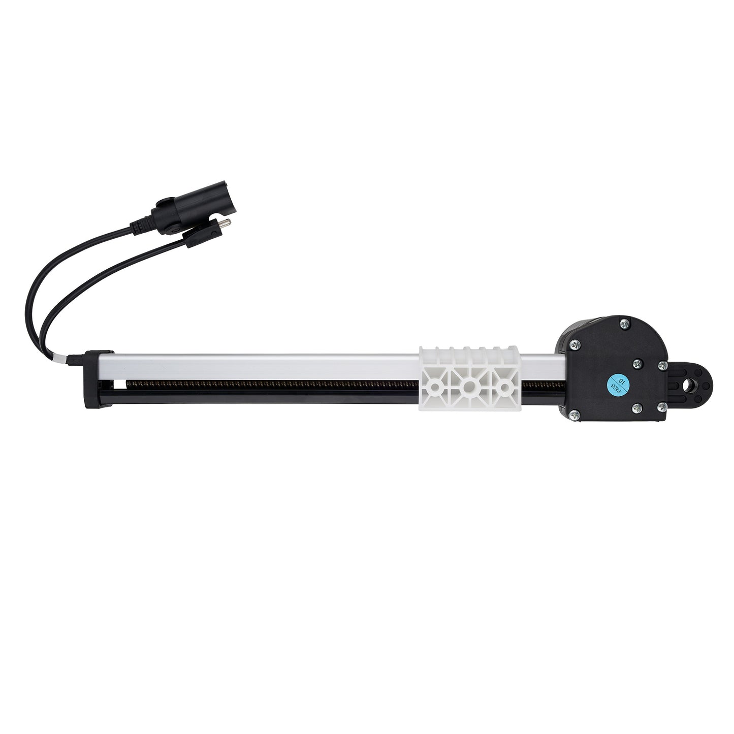 A linear motion slider assembly with a black and silver metal rail, a white textured spacer, and a black motor housing with a small blue button, shown on a plain white background.