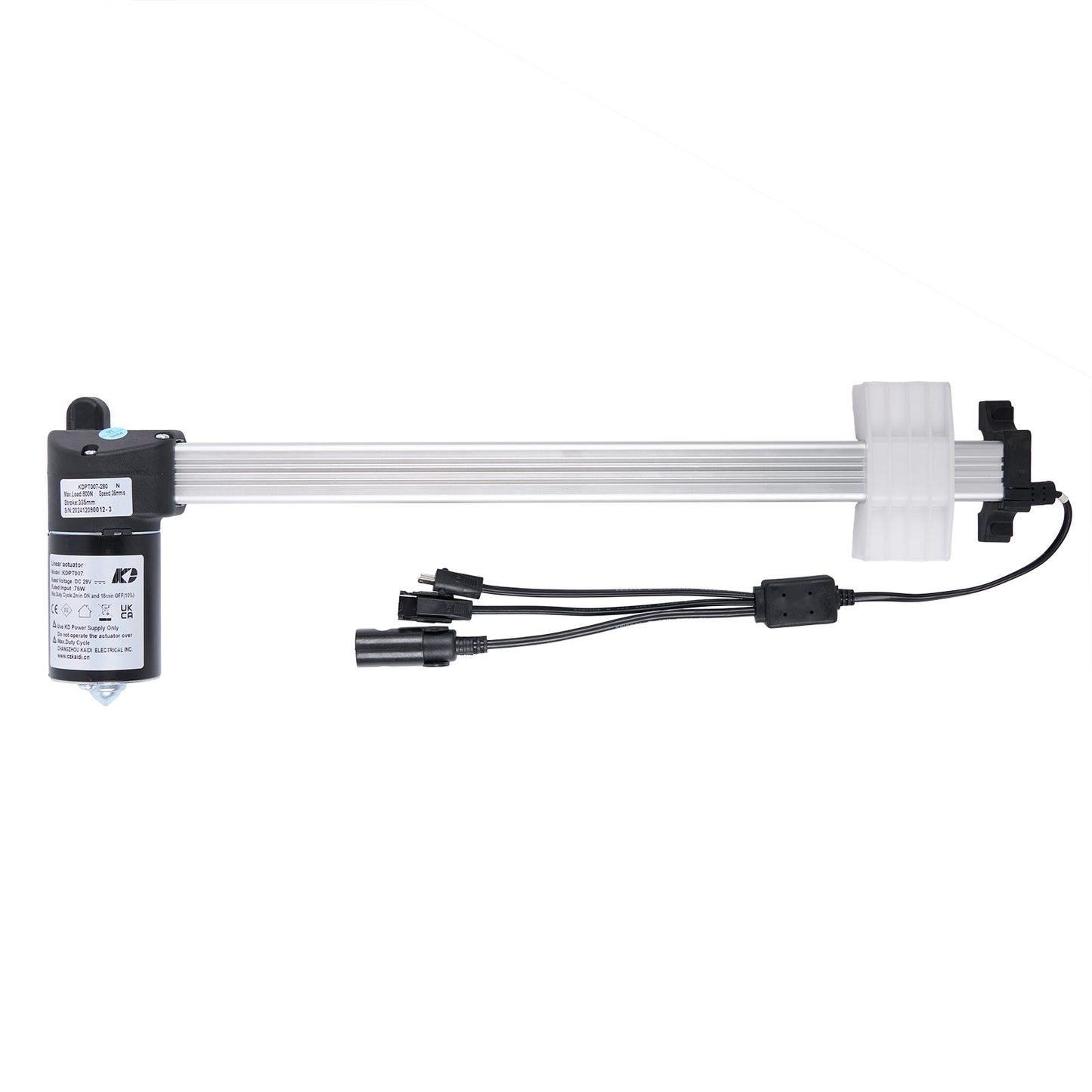 A KAIDI KDPT007-280 N linear actuator, featuring a silver-colored metal rod with a black and white connector and cable.