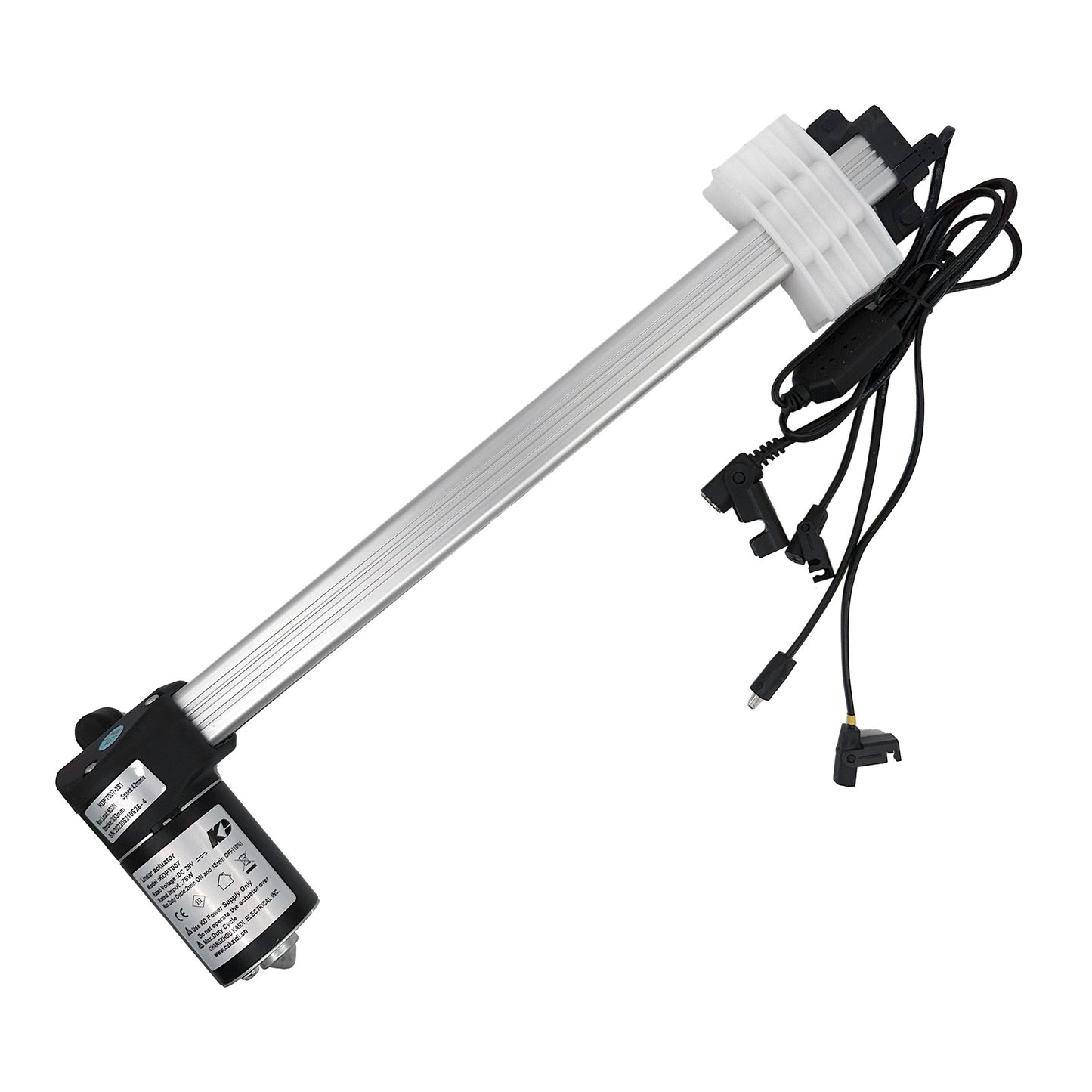 A Kaidi KDPT007-281 linear actuator with a metallic body, plastic components, and electrical wiring visible.