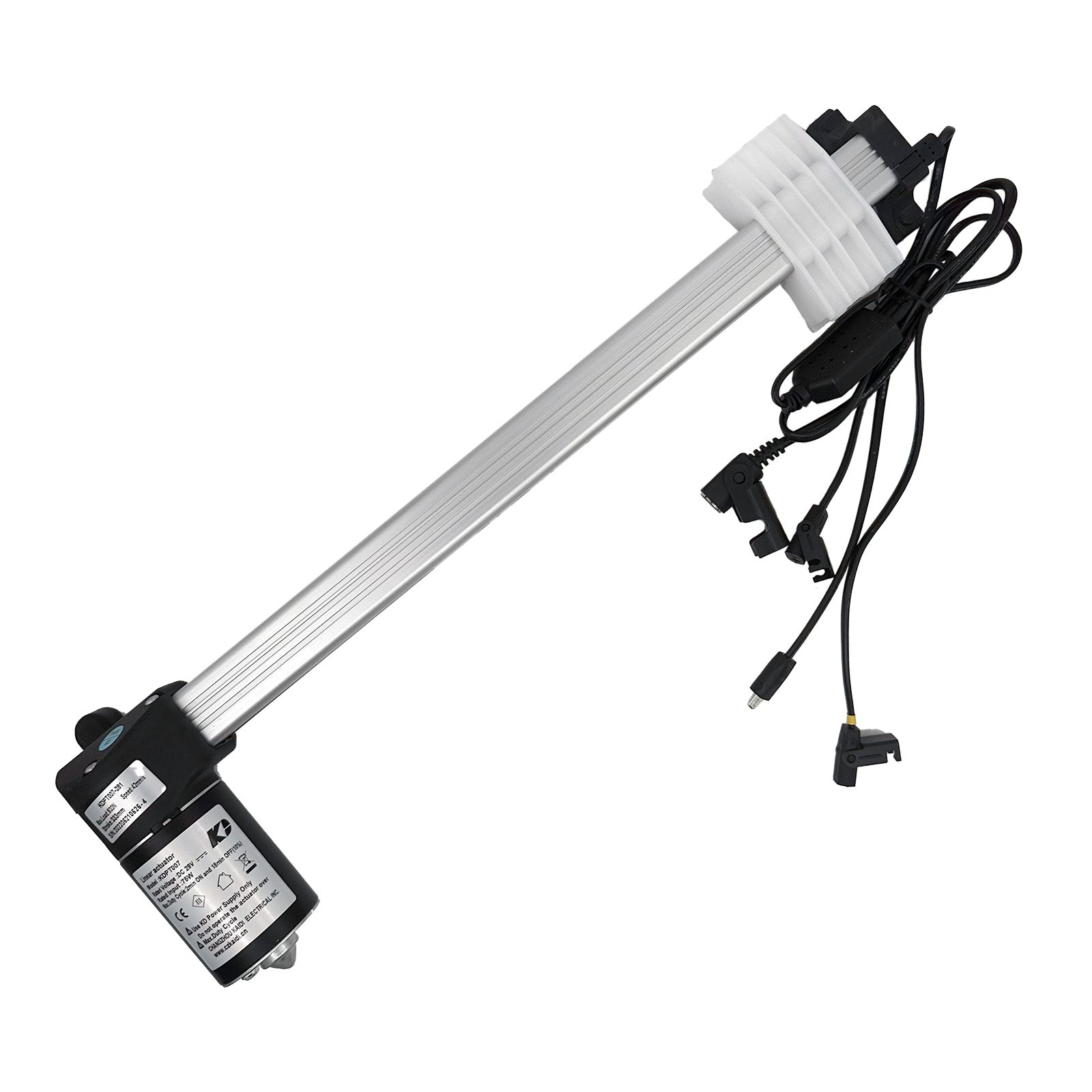A Kaidi KDPT007-281 linear actuator with a metallic body, plastic components, and electrical wiring visible.