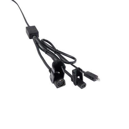 Black electrical cable with connectors on a white background
