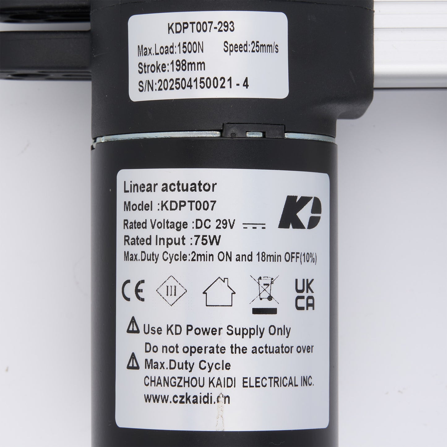 Linear actuator with specifications and branding on a white background