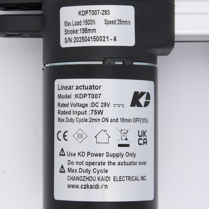 Linear actuator with specifications and branding on a white background