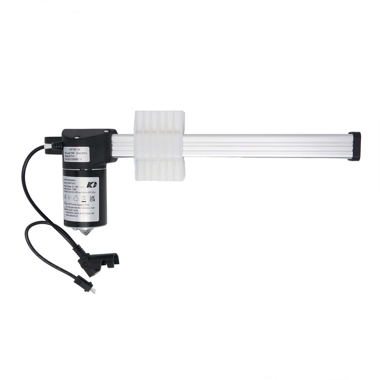 A black linear actuator designed for use in recliner or lift chair furniture, showing the motor unit connected to a piston rod and two cables.
