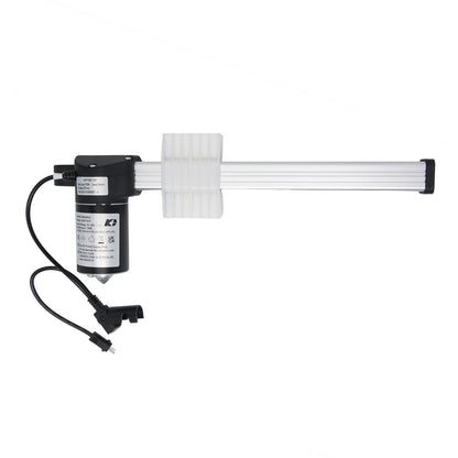 A black linear actuator designed for use in recliner or lift chair furniture, showing the motor unit connected to a piston rod and two cables.