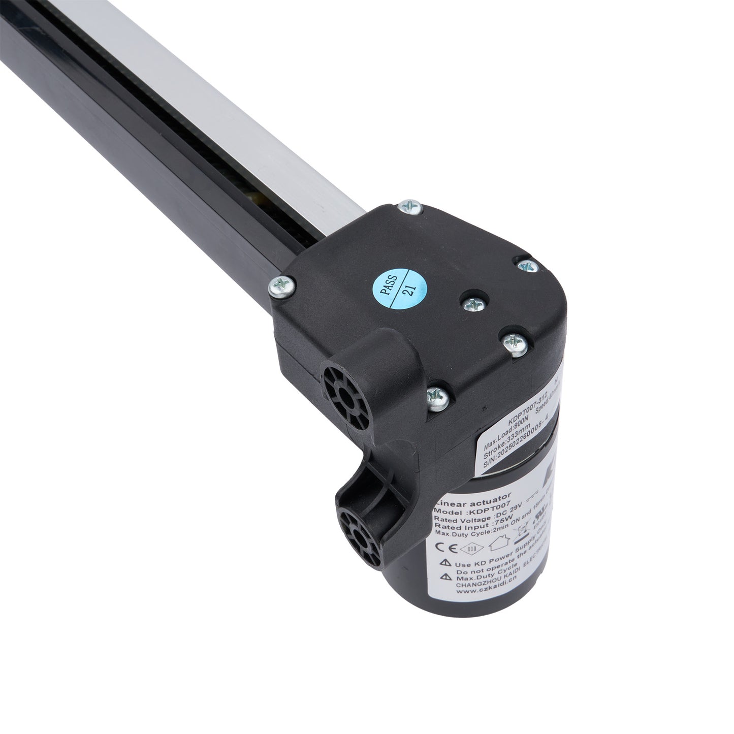 Black mechanical component with visible branding on a white background