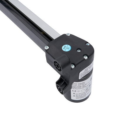 Black mechanical component with visible branding on a white background