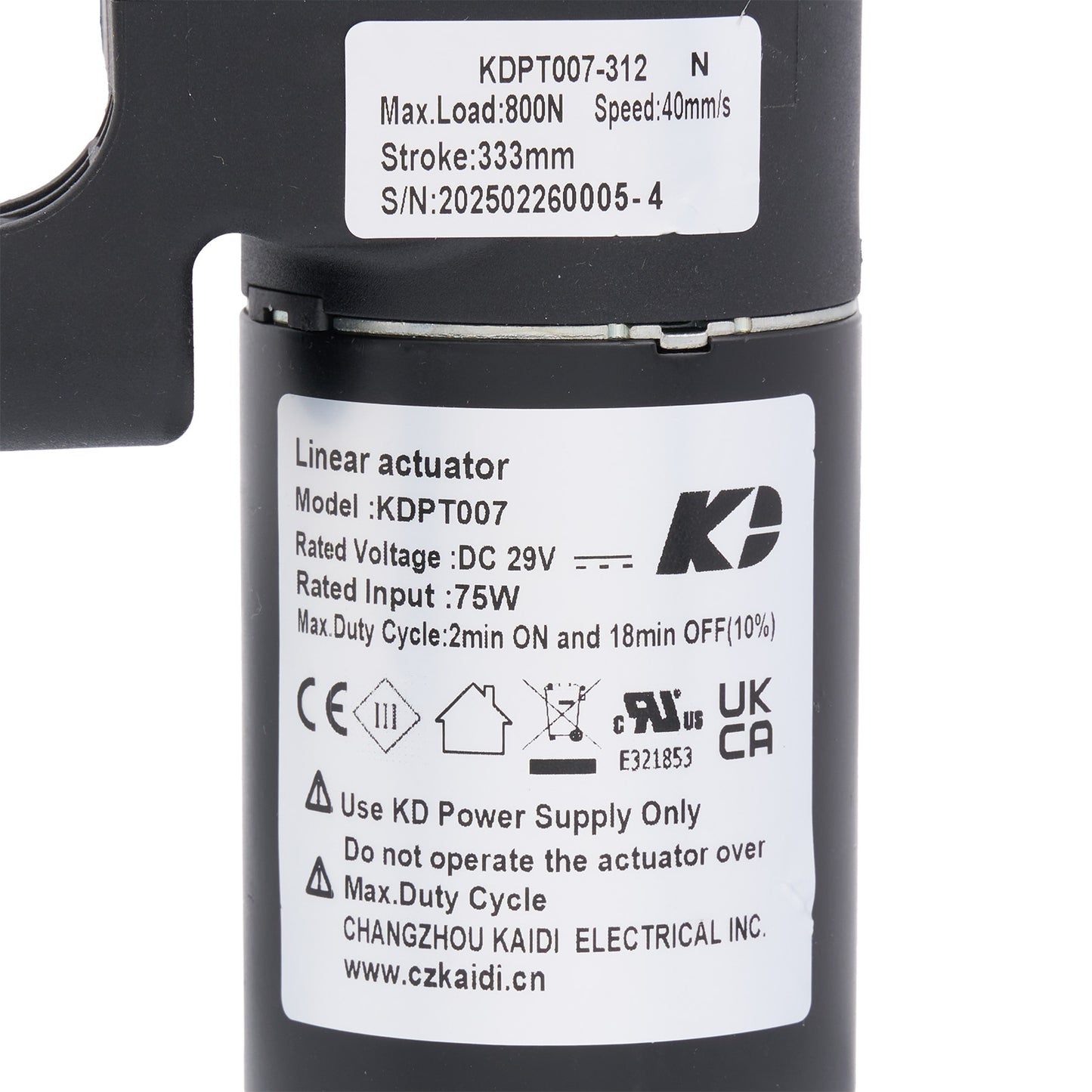 Linear actuator with specifications label on a white background