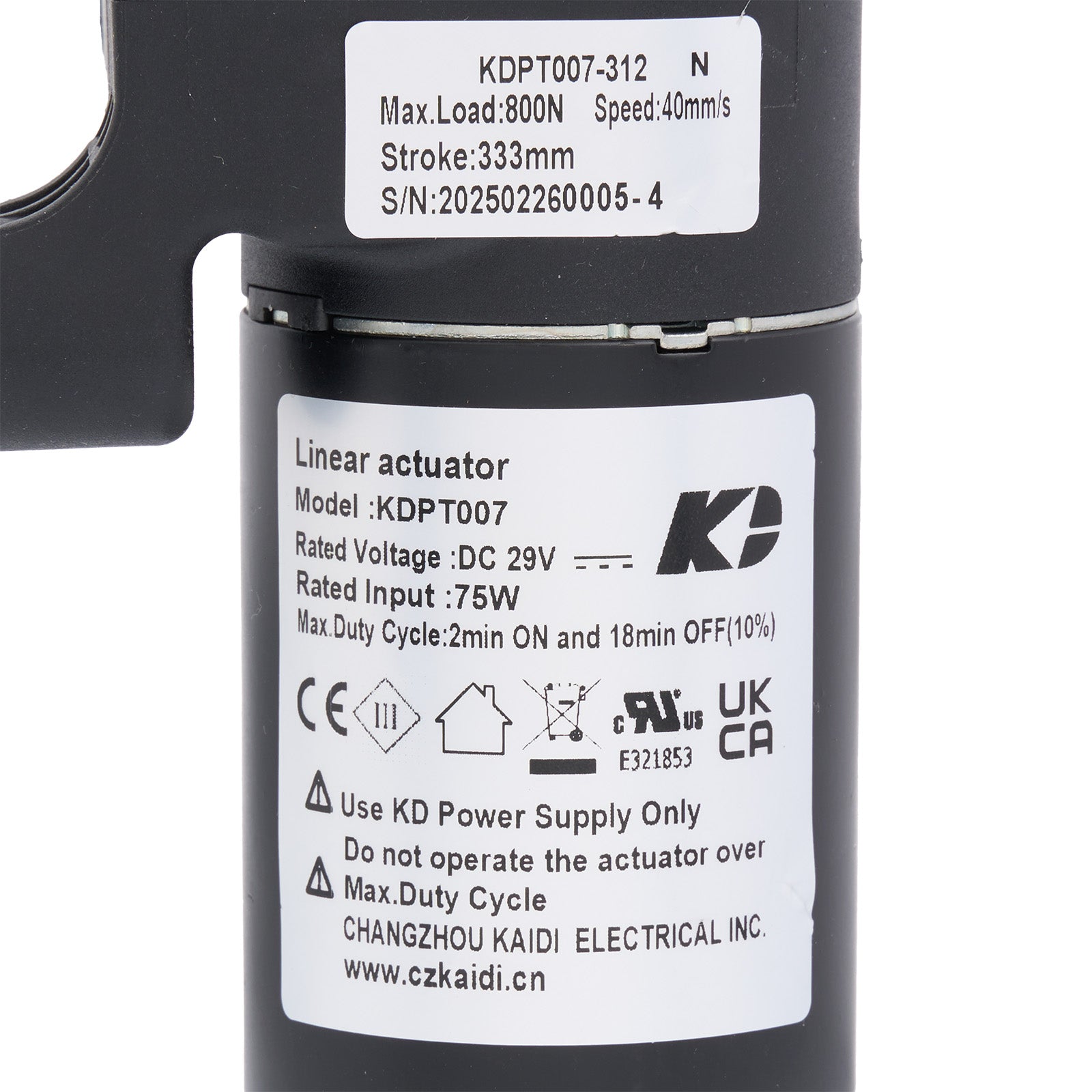 Linear actuator with specifications label on a white background