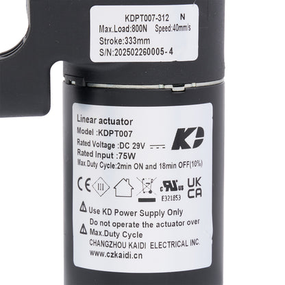 Linear actuator with specifications label on a white background