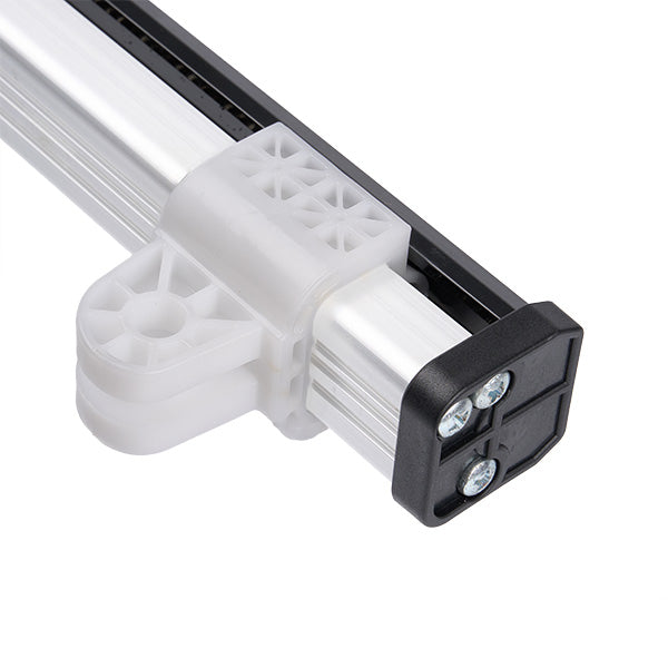 Close-up of a white and black metal bracket on a white background
