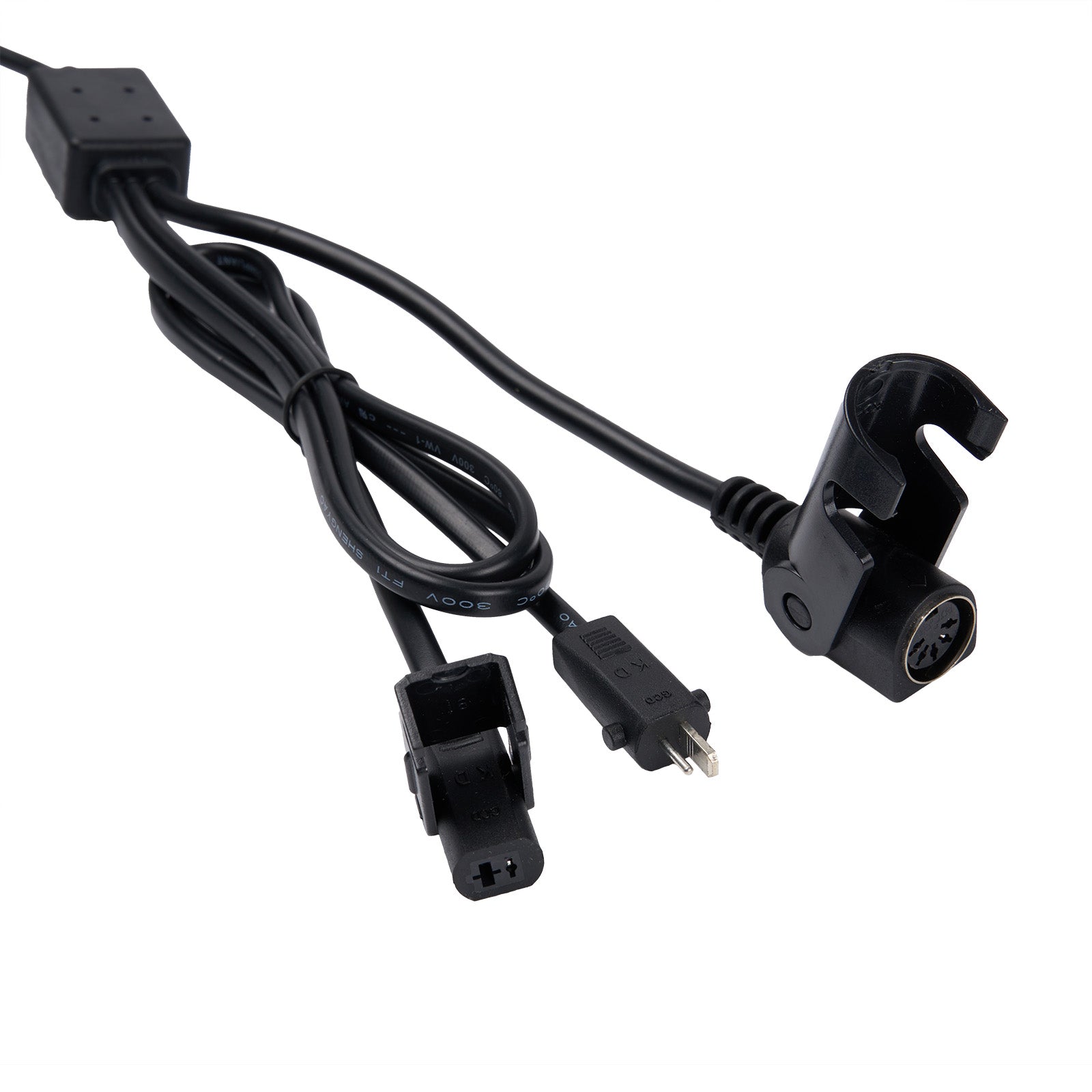 Black electrical cable with connectors on a white background