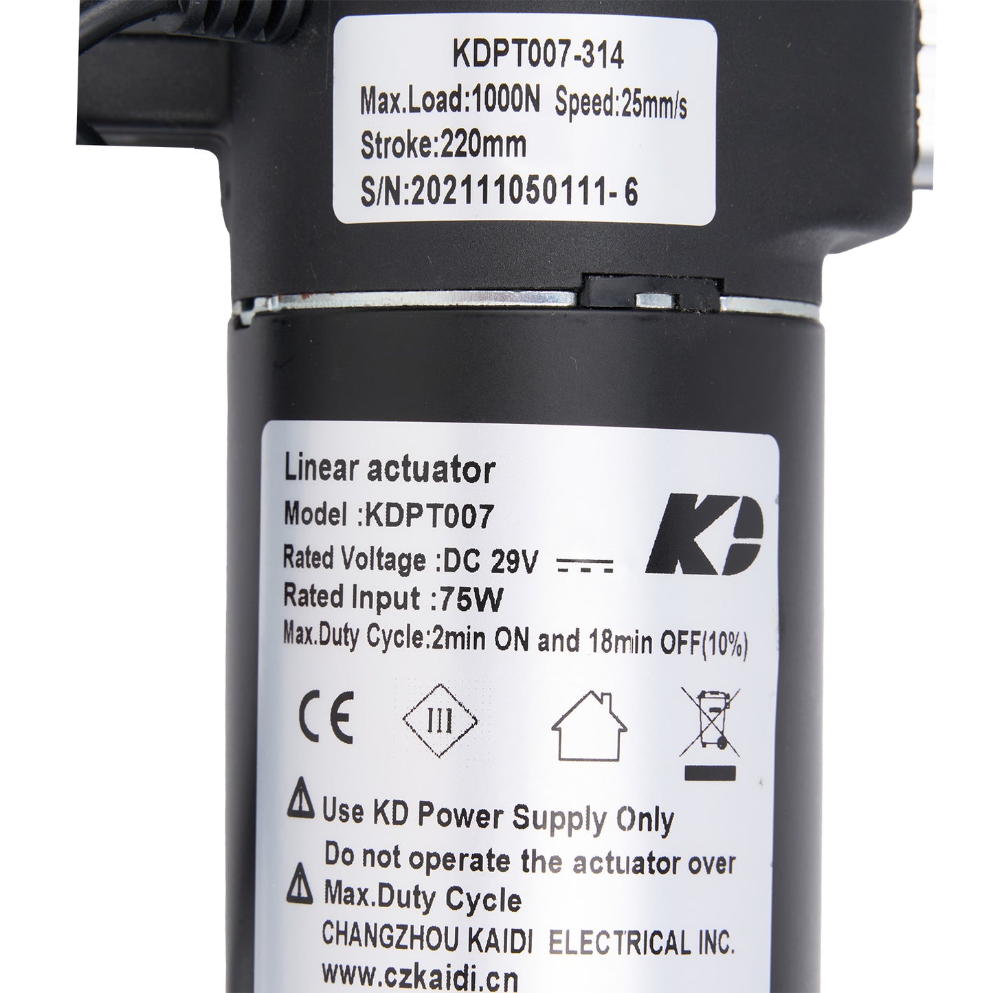 Linear actuator with specifications label on a white background