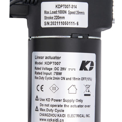 Linear actuator with specifications label on a white background
