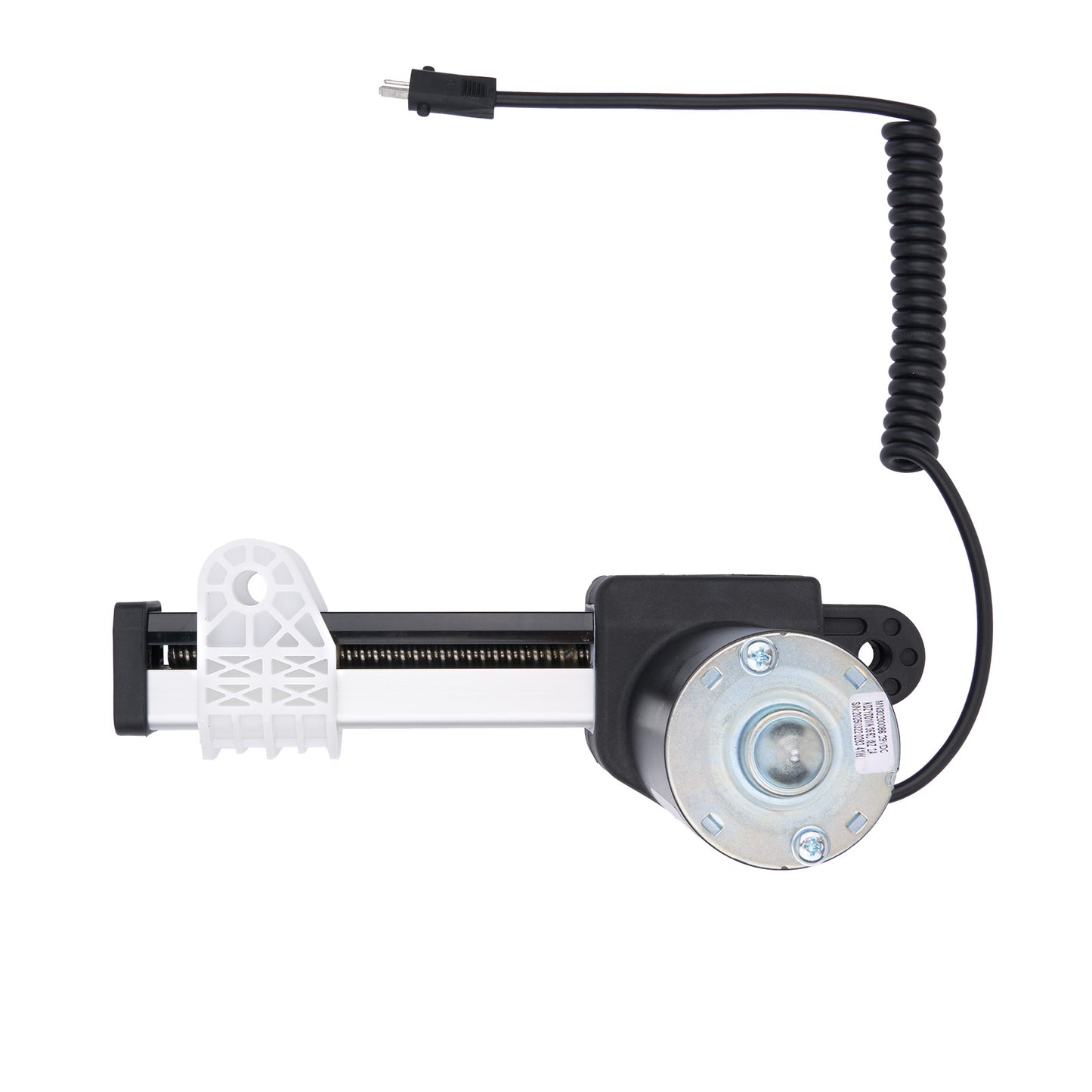 Mechanical component with a coiled black cable on a white background