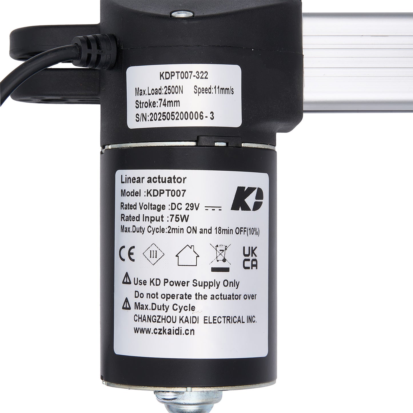 Linear actuator with specifications label on a white background