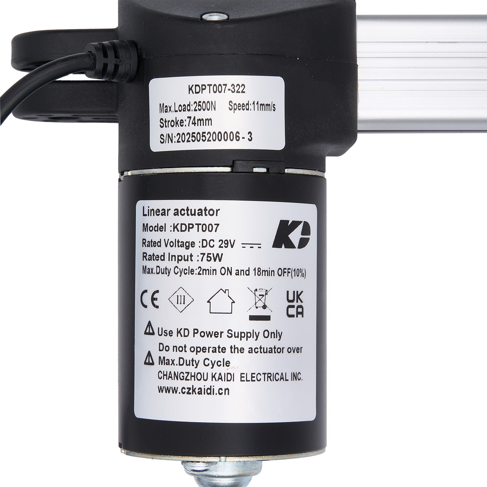 Linear actuator with specifications label on a white background